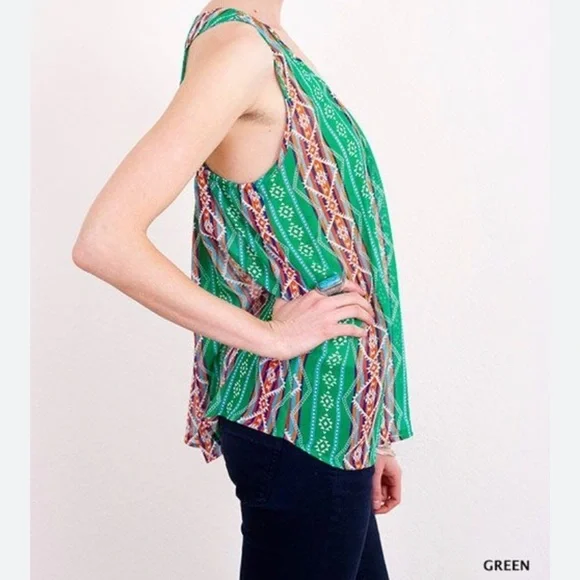 Umgee Green Aztec Sleeveless Blouse - Picture 1 of 6